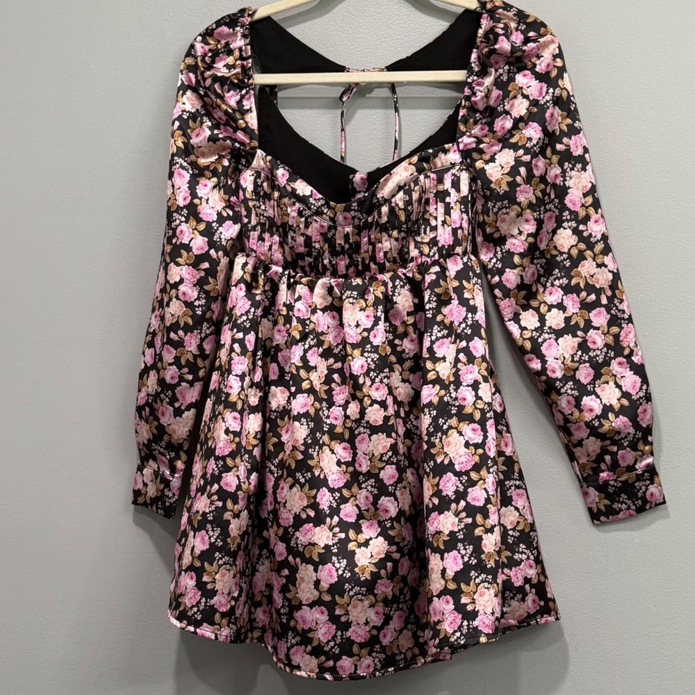 For Love & Lemons Black Pink Floral Satin Open Back Mini Dress XXS CD2844-H022